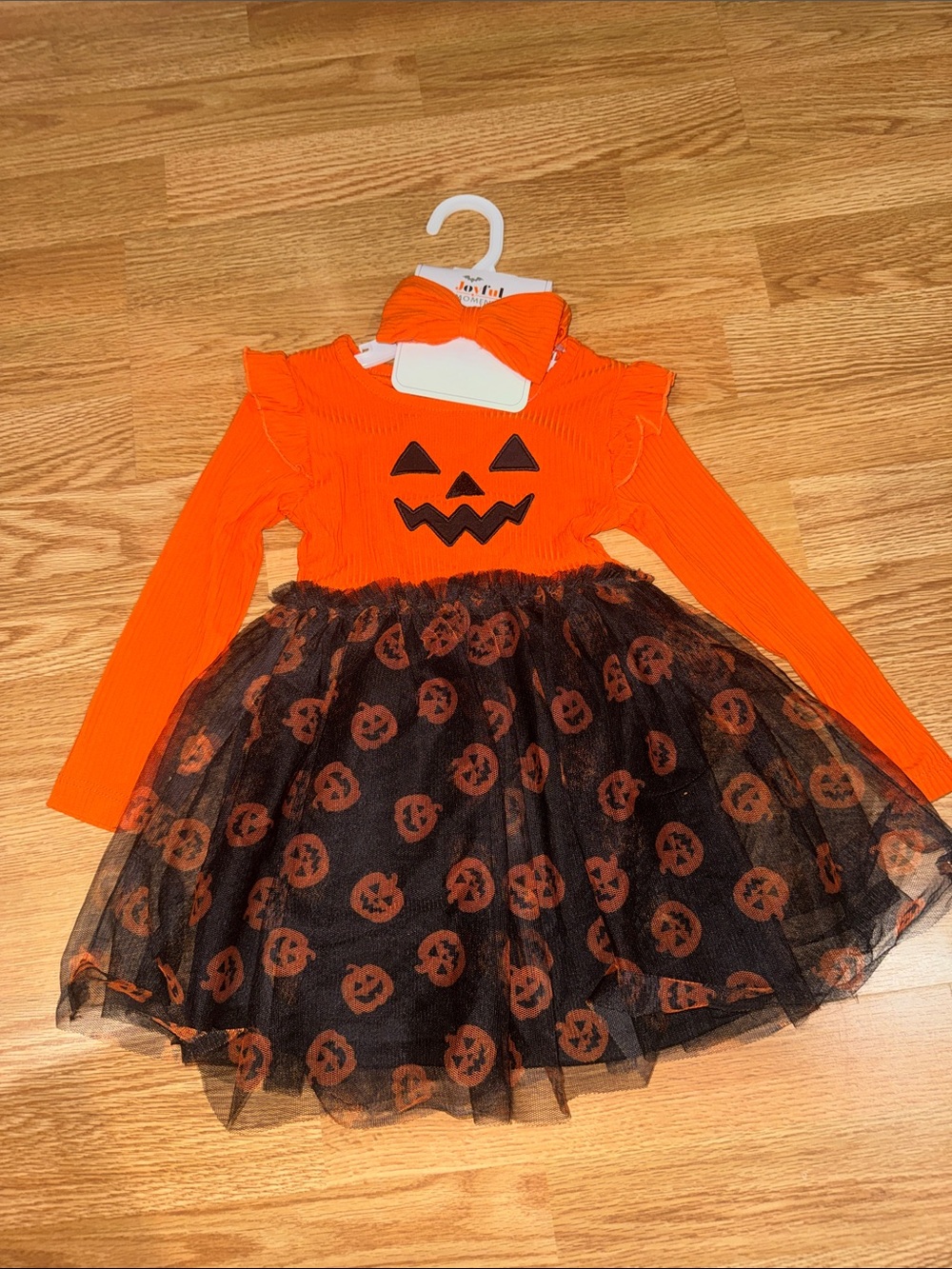 Pumpkin Face Orange & Black Tulle Halloween Dress with Bow